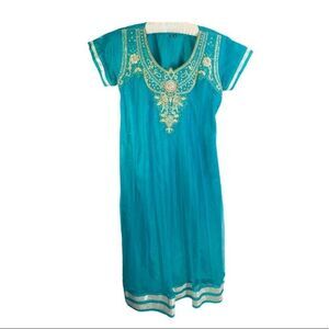 Indian teal gold wedding party kurta dress w chudi pants XL